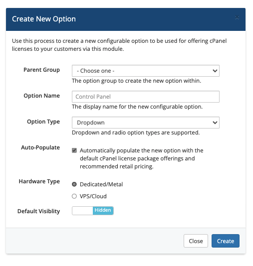 Creating an option in the cPanel Licensing addon.