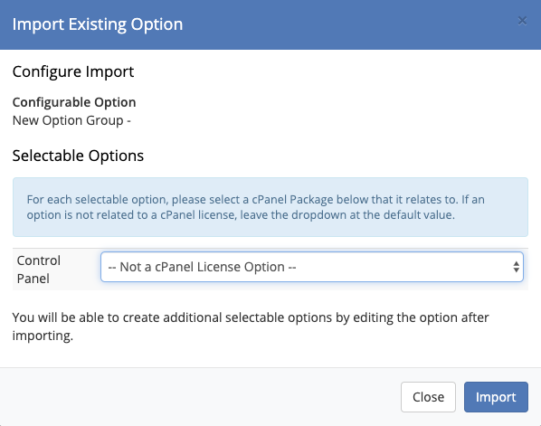 Importing an option in the cPanel Licensing addon.