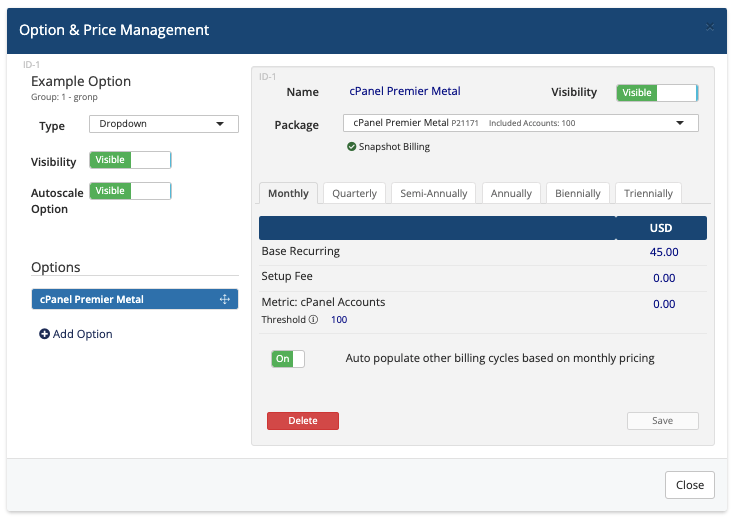 Managing an option in the cPanel Licensing addon.