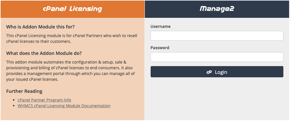 Logging in to Manage2 in the cPanel Licensing addon.