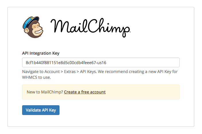 Entering the MailChimp API key in WHMCS.