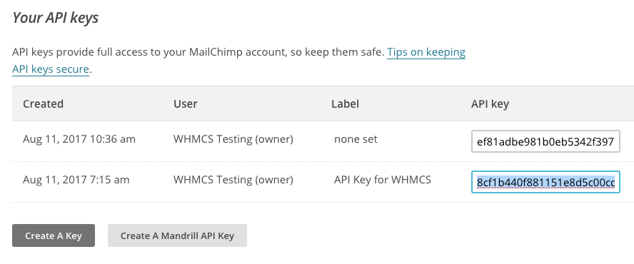 Copying the API key in MailChimp.