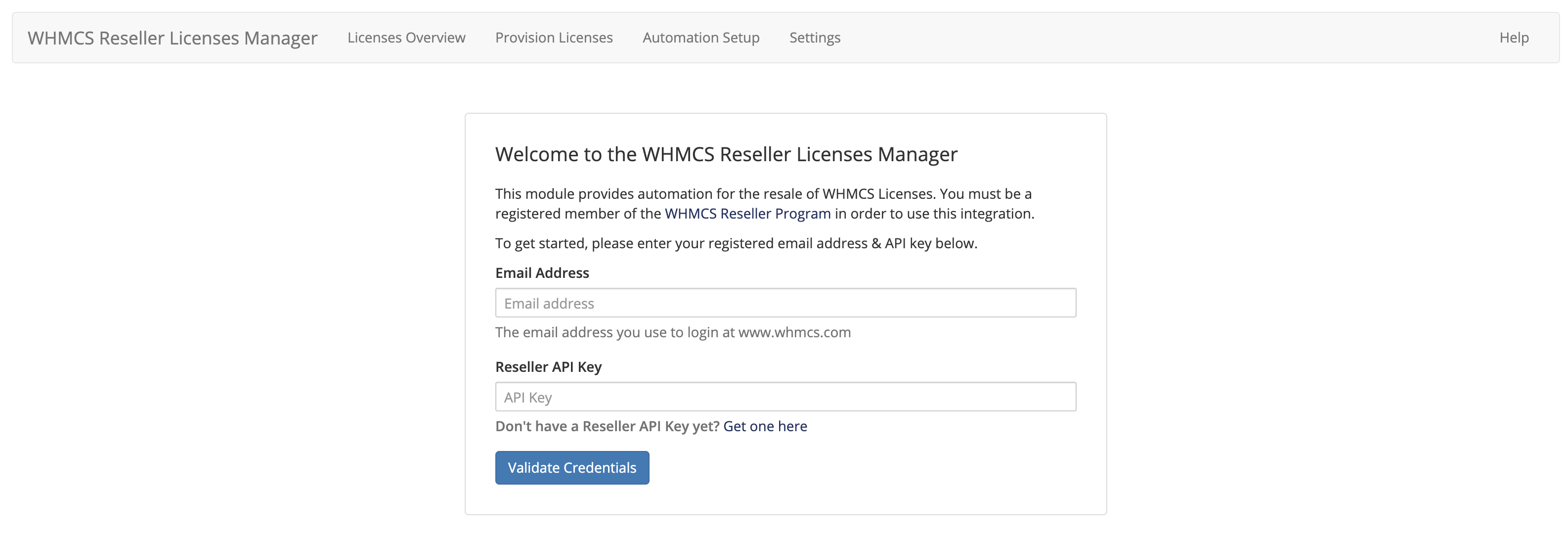 Entering data in the Reseller License Manager addon.