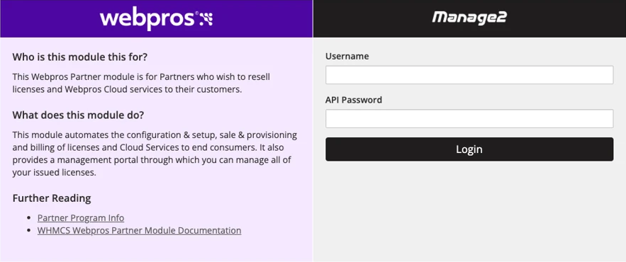 The WebPros Partner addon module's Manage2 login page.