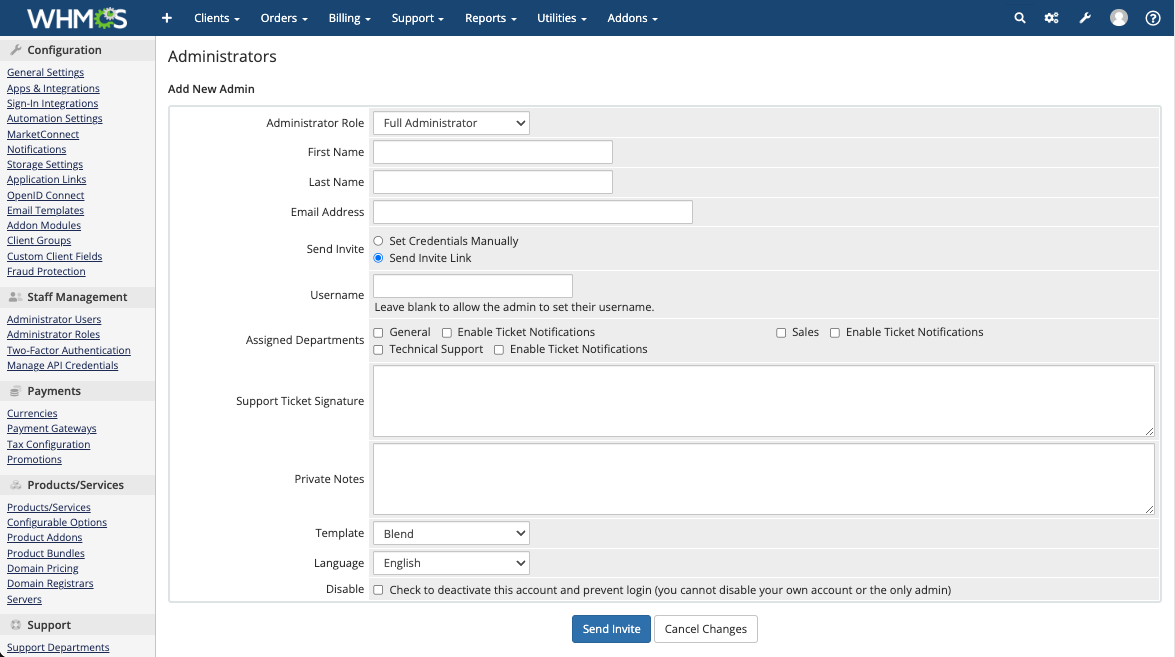 Adding a new admin at Configuration > Manage Admins