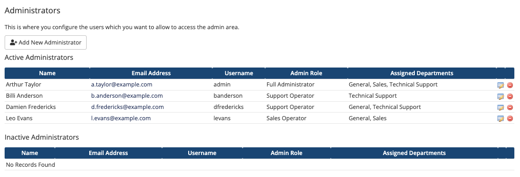 The list of admins at Configuration > Manage Admins