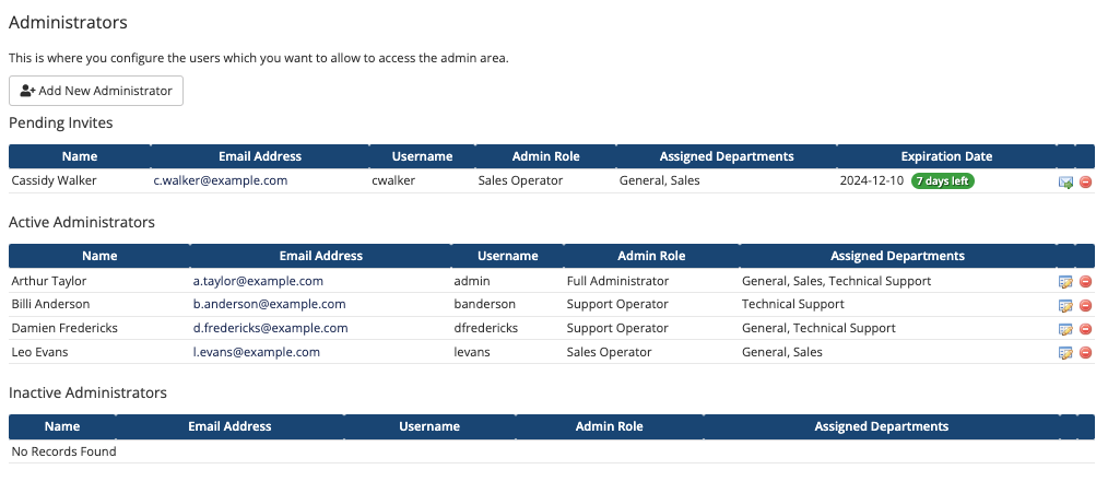 The list of pending admin invitations at Configuration > Manage Admins