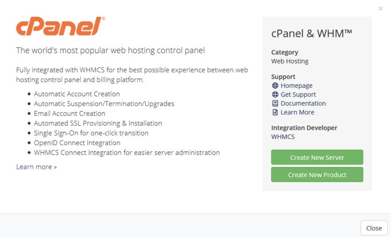 Details for WHMCS's cPanel Server Provisioning Module