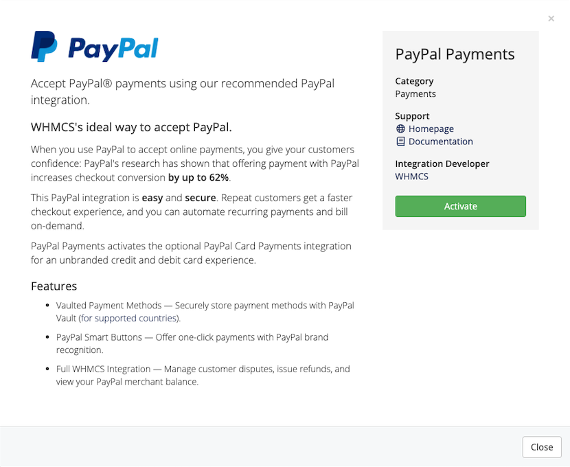 Activating the PayPal Payments module.