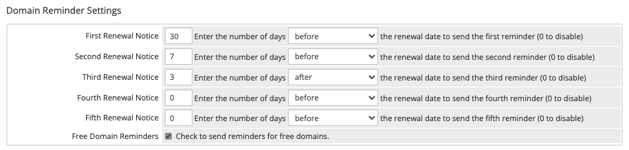The Domain Reminder Settings section in Automation Settings