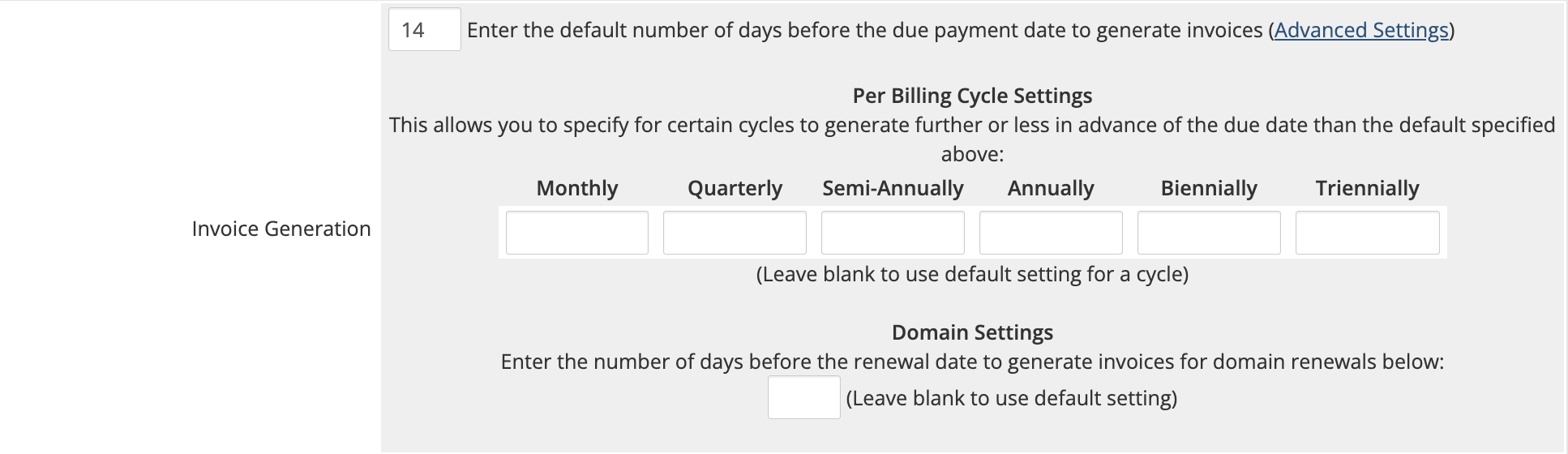 Advanced Settings for Invoice Generation in Automation Settings