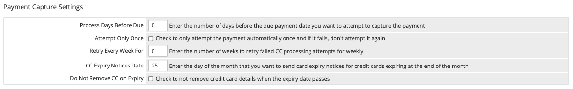 The Payment Capture Settings section in Automation Settings