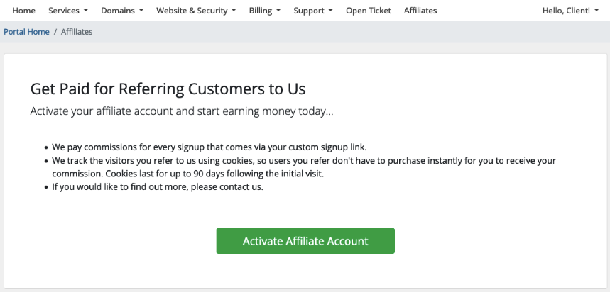 Activating affiliates in the Client Area