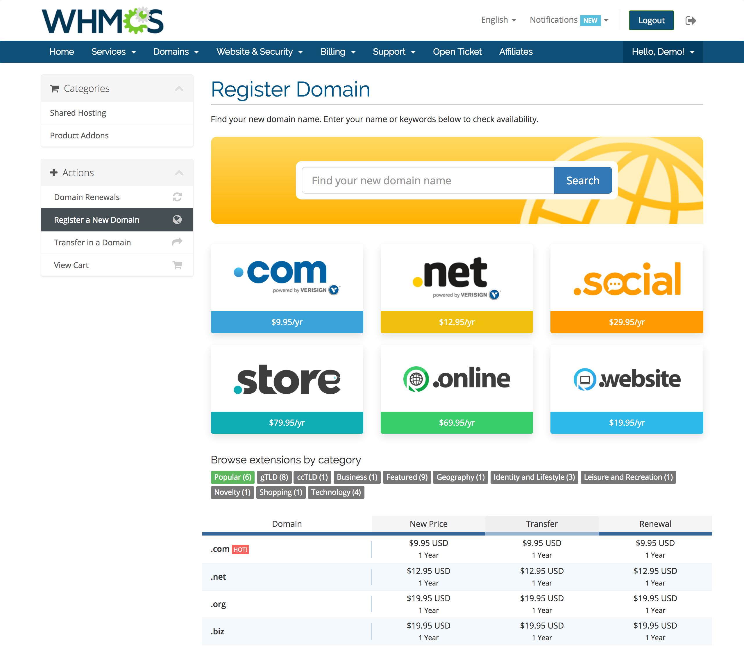 The Register Domain page in the Client Area