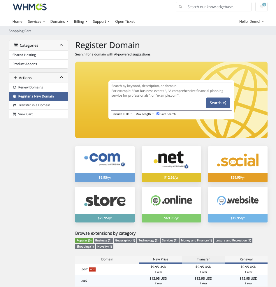 The Register Domain page in the Client Area