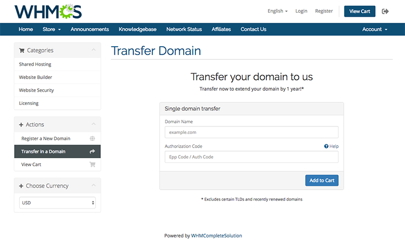 Transfer Domains to Us in the Client Area
