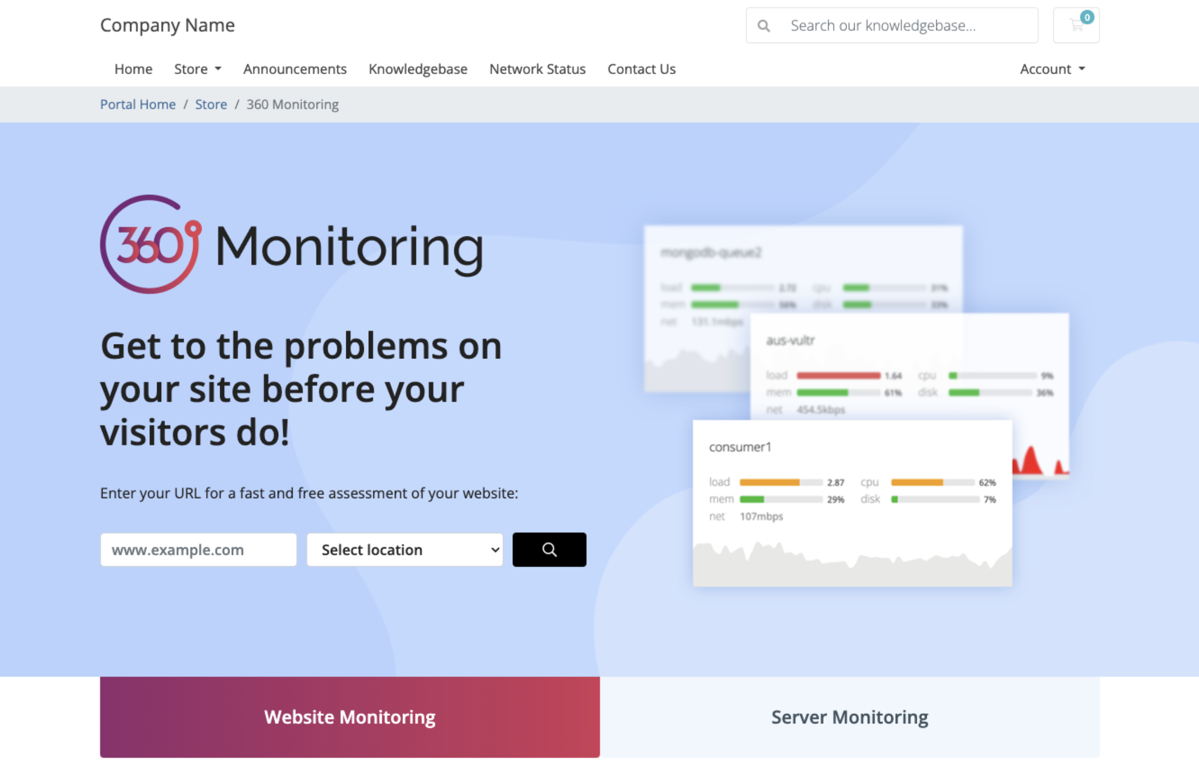 The 360 Monitoring landing page in the Client Area