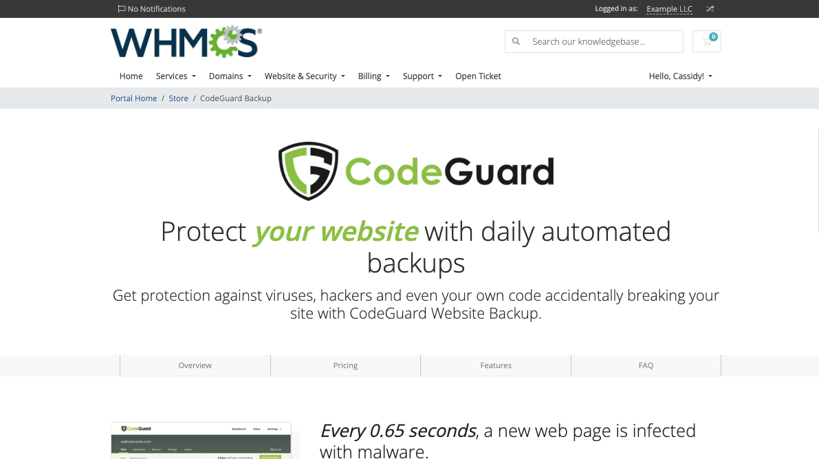 The CodeGuard landing page in the Client Area