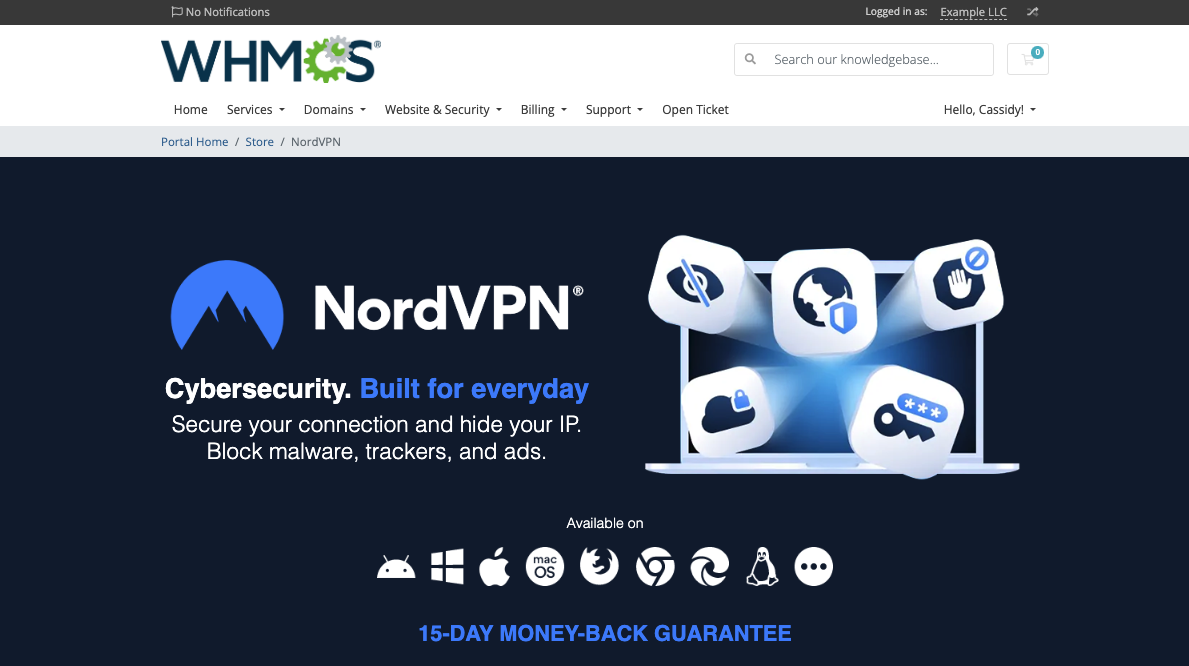 The NordVPN landing page in the Client Area