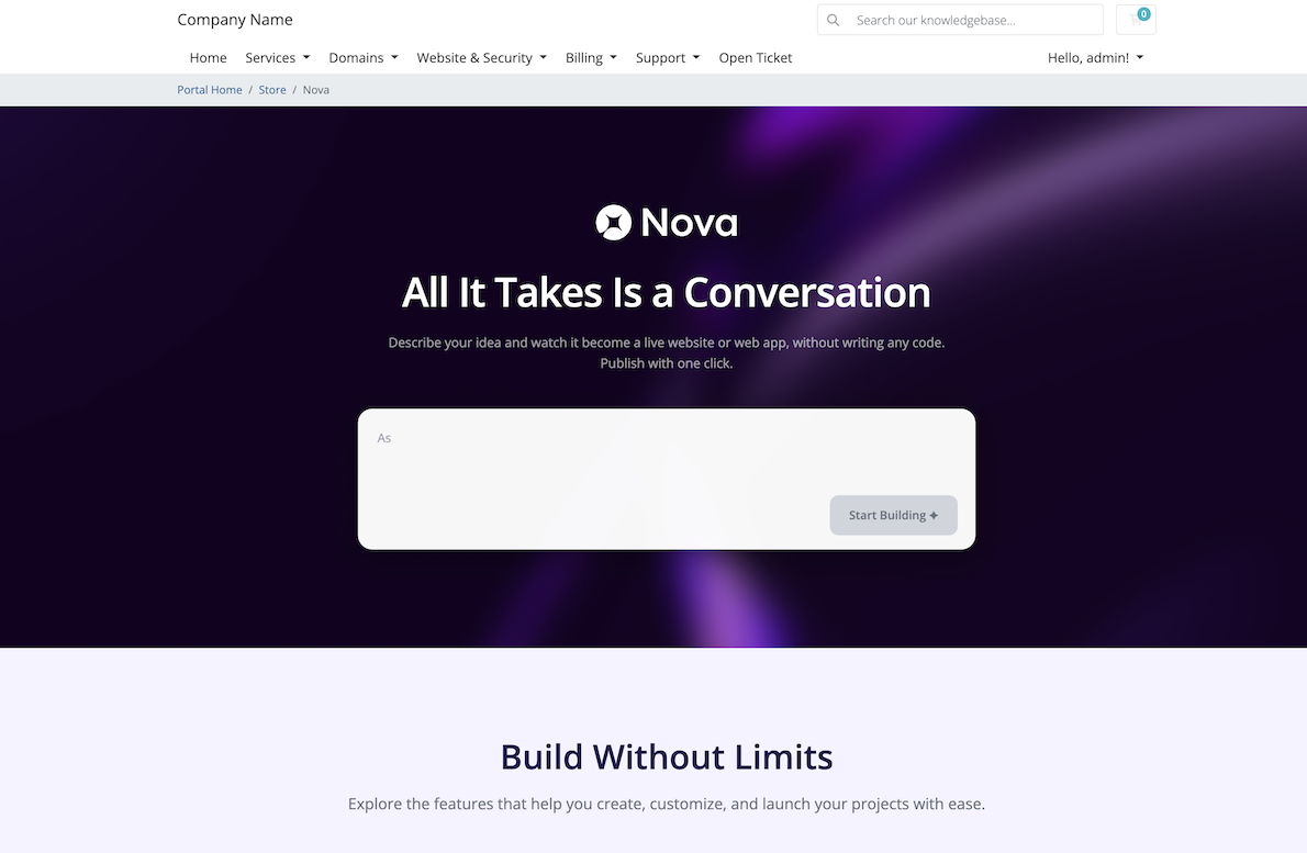 The Nova Cloud landing page in the Client Area