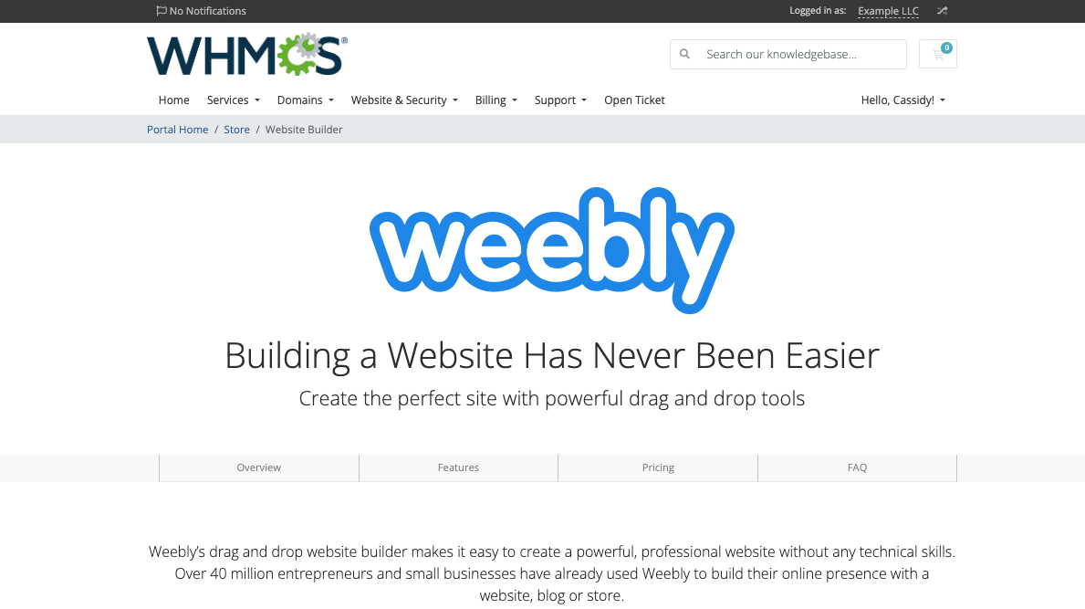 The Weebly landing page in the Client Area