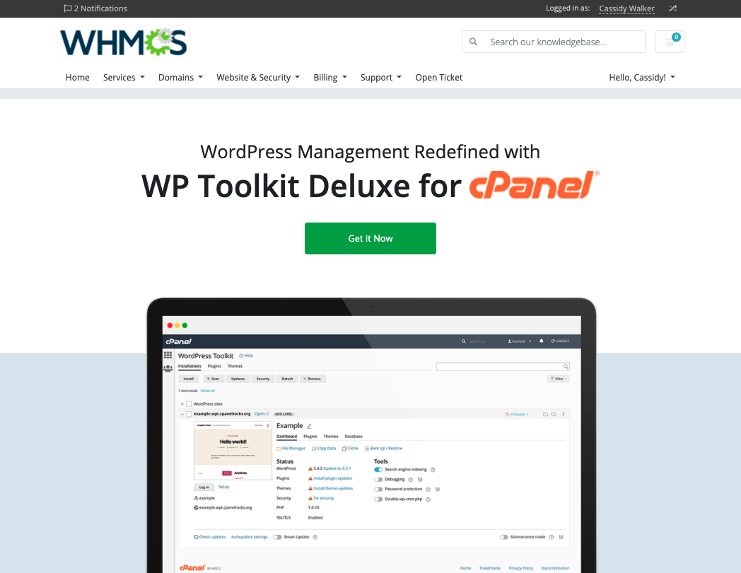 WP Toolkit landing page in the Client Area