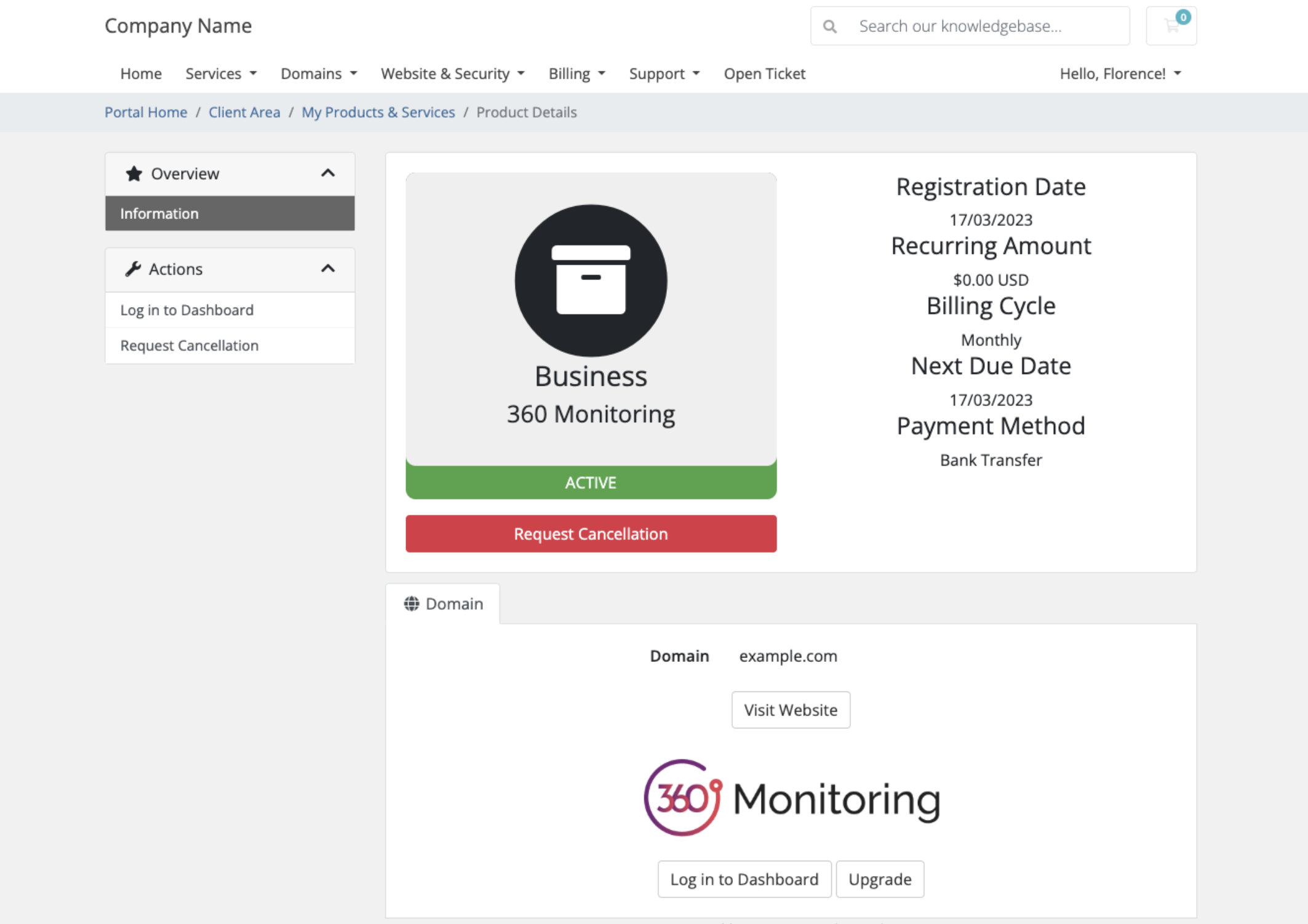 360 Monitoring actions in the Client Area