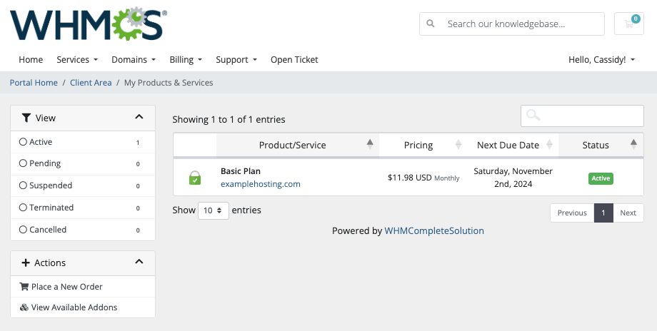 SSL monitoring in the Products/Services tab of the client profile