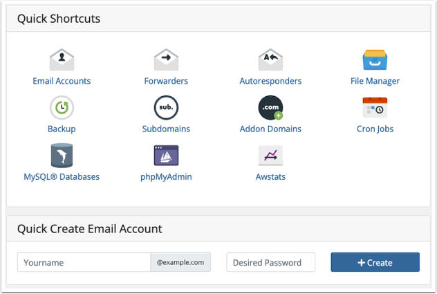 Quick Shortcuts for a cPanel account in the Client Area