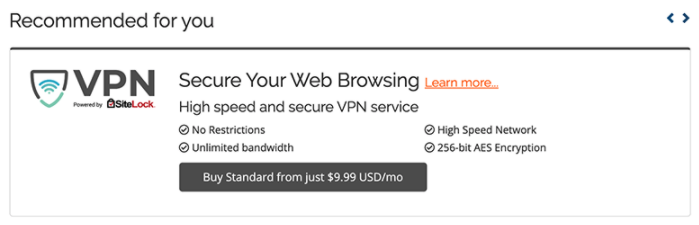 SiteLock VPN promotion in the Client Area
