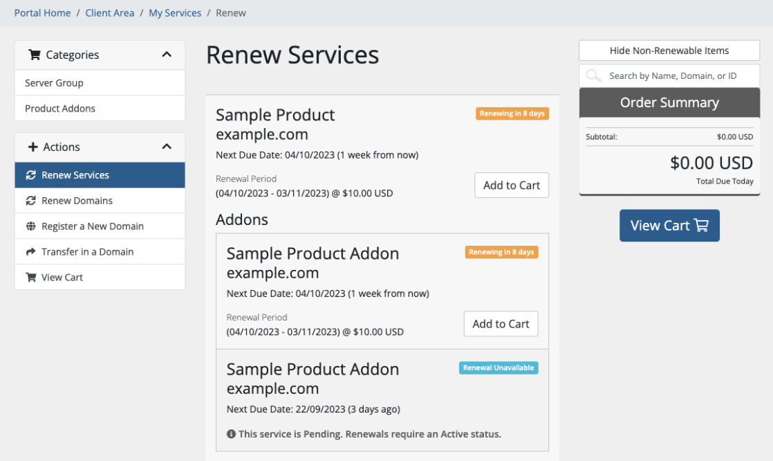 Renewing a product and associated addons in the Client Area