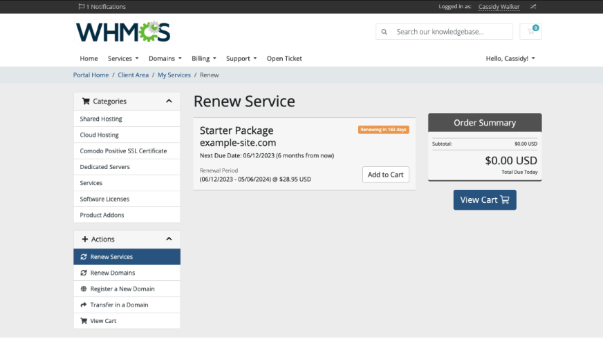 Renewing services on demand in the Client Area