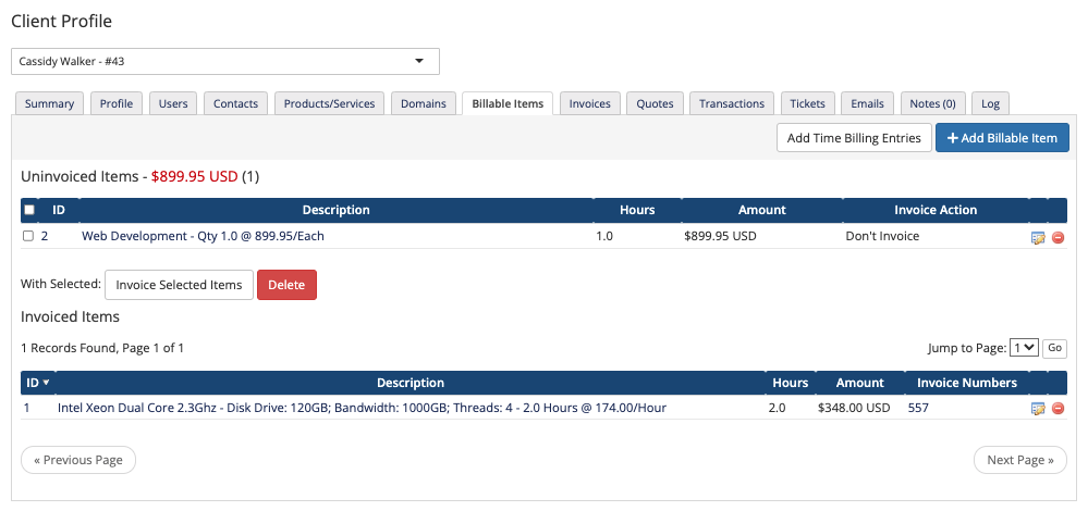 The Billable Items tab in the client profile