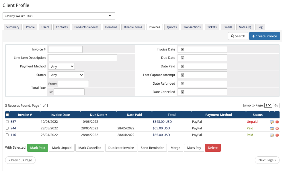 The Invoices Tab in the Client Profile