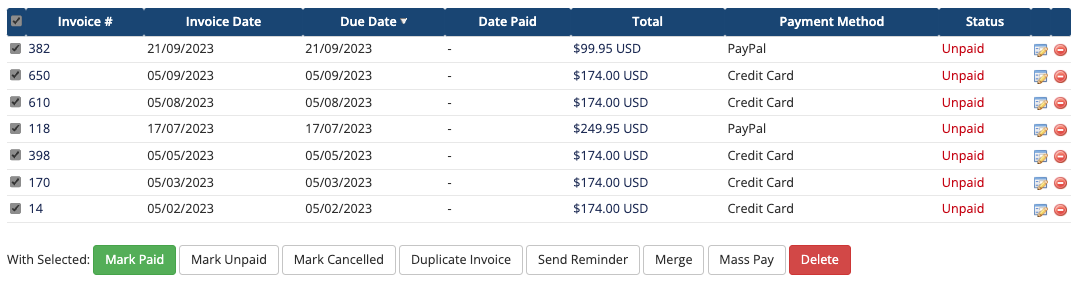 Selecting multiple invoices in the client Invoices tab