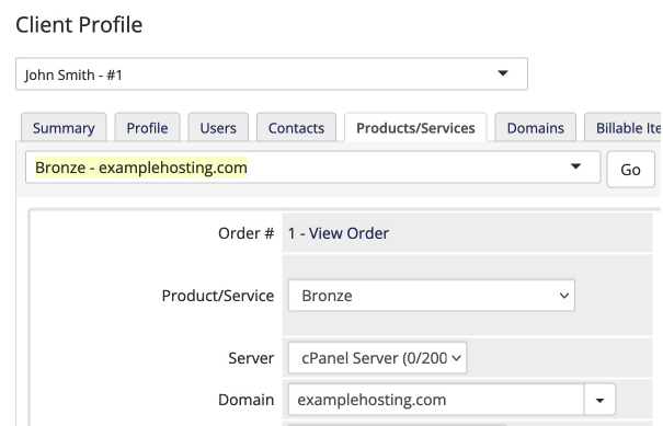 Editing a cPanel product in the Products/Services tab