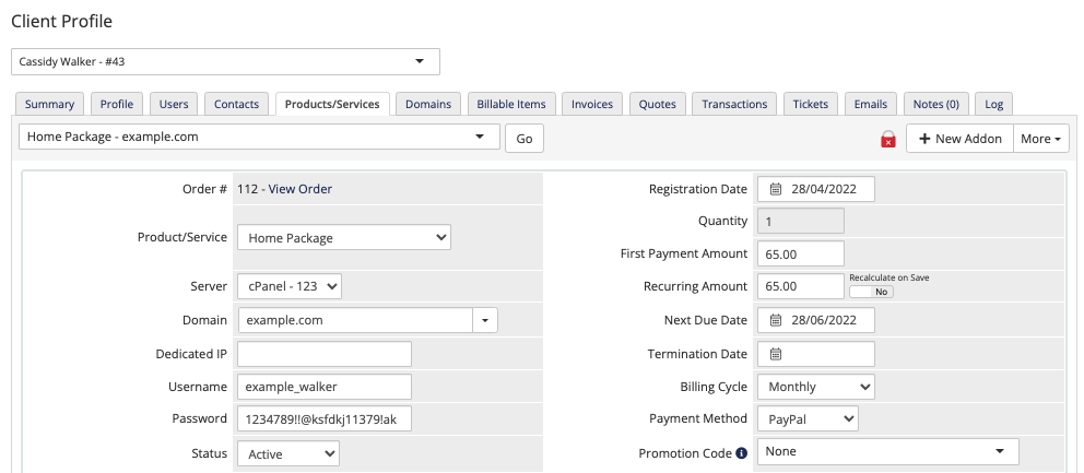 The Products/Services tab in the Client Profile