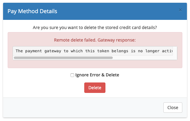 An error while deleting a payment method from the Summary tab