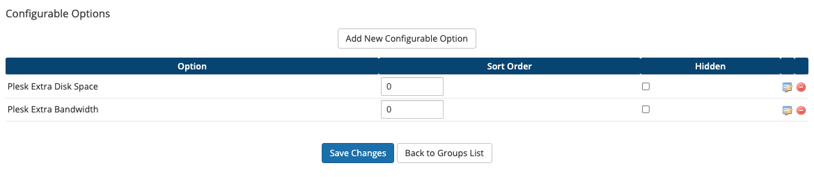 Plesk options in Configurable Options