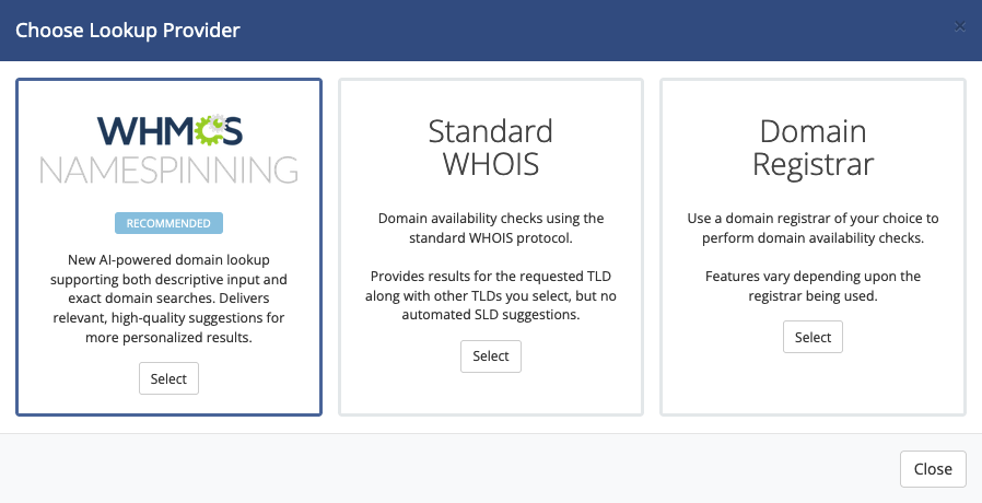 Choosing a lookup provider in Domain Pricing