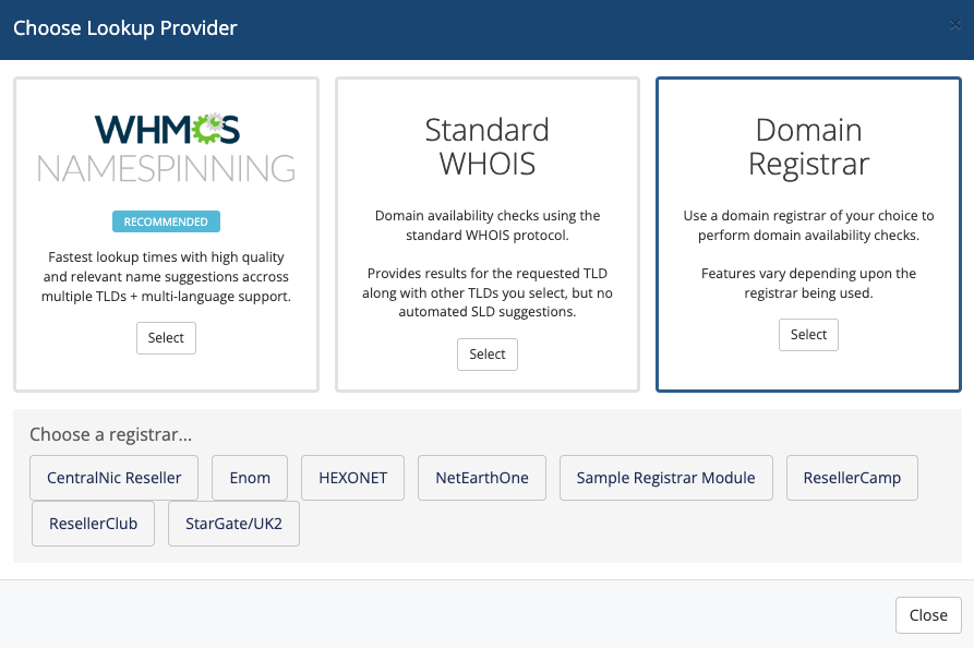 Choosing a domain registrar lookup provider in Domain Pricing