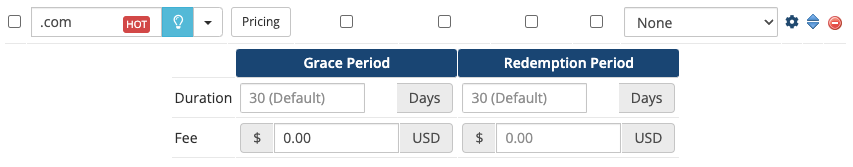 Setting the grace period lengths and fees in Domain Pricing