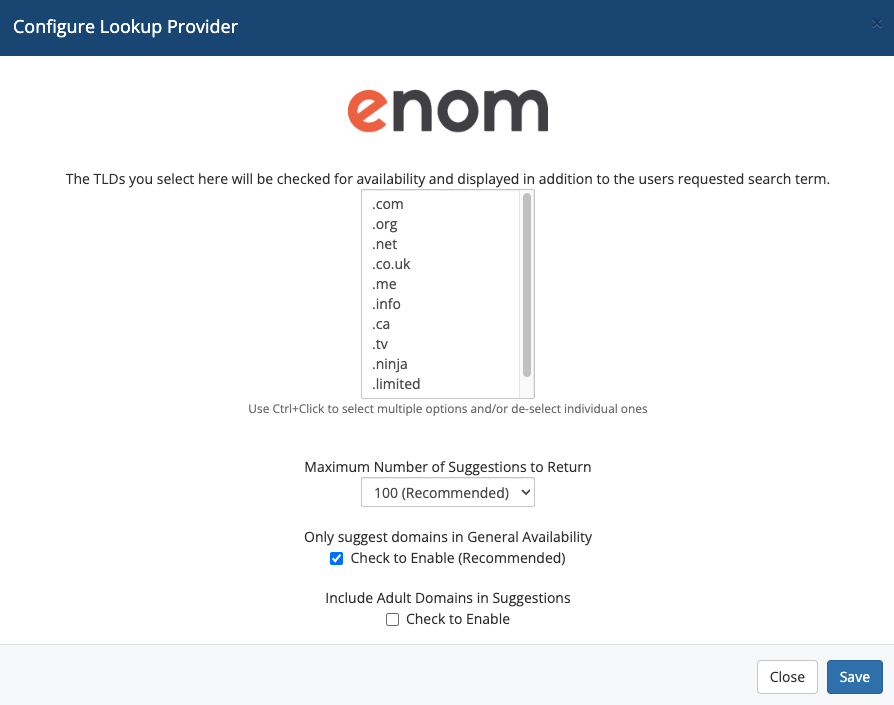 Configuring Enom as a lookup provider in Domain Pricing