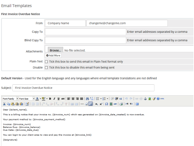 Editing an email template in the Admin Area.