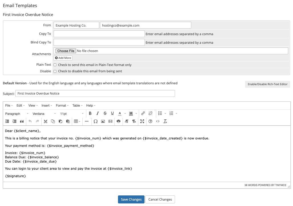 Editing an email template in the Admin Area.