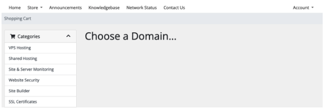 A blank Choose a Domain page in the Client Area