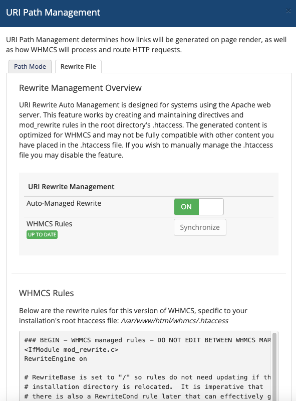 The Rewrite File tab in the advanced URI Path Management settings
