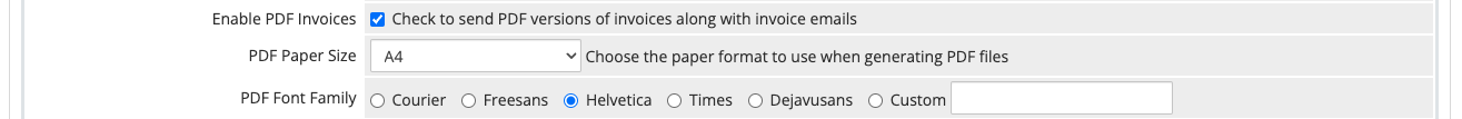 The Invoices tab's PDF settings in General Settings