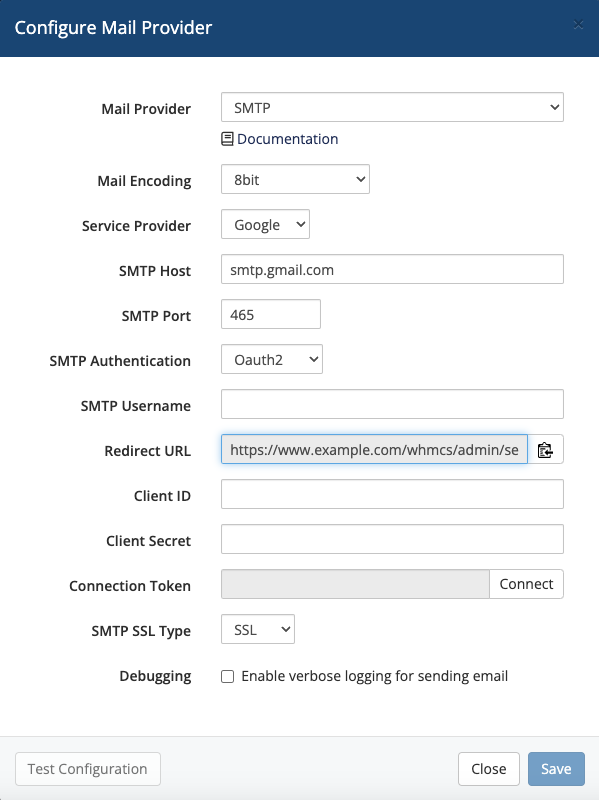 Mail Provider settings for Google in the Mail tab