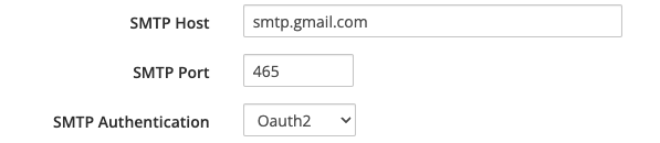 The SMTP Host, SMTP Port, and SMTP Authentication settings